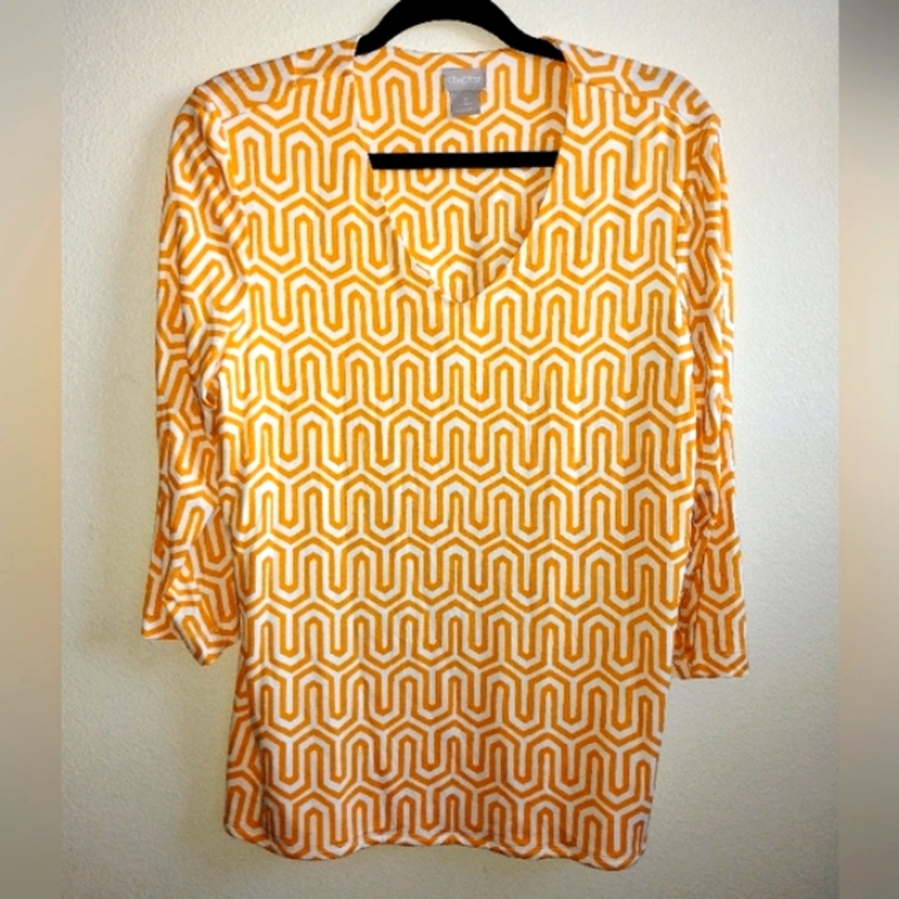Chico’s Geo Print Tunic Top – Yellow & White 3/4 Sleeve – Women's Size 2 (L)